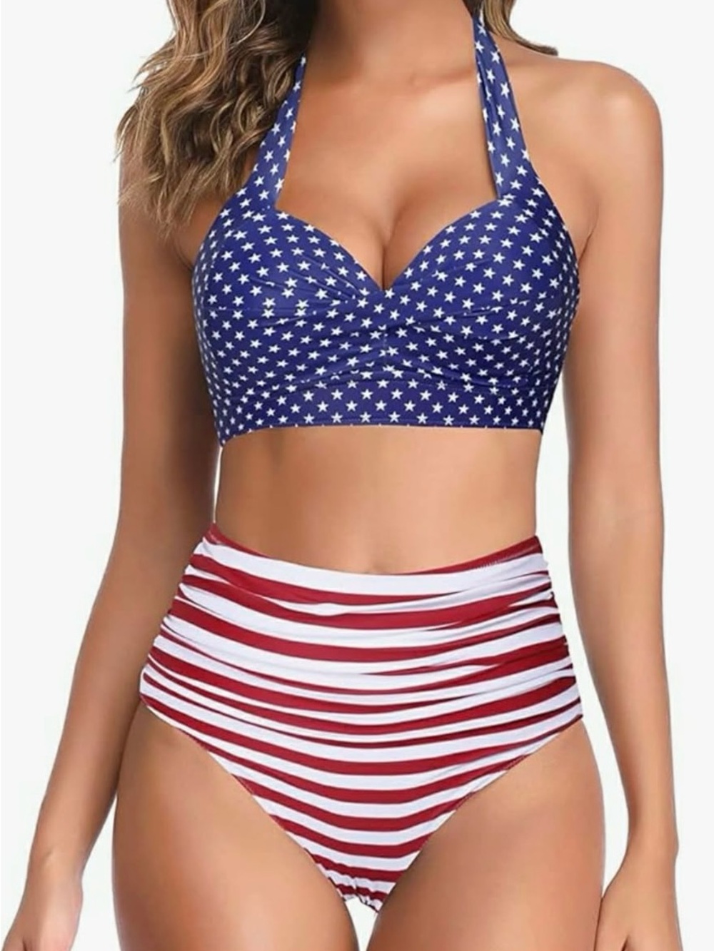Patriotic Star & Stripe High-Waist Halter Bikini - Blue & Red NWT XXL